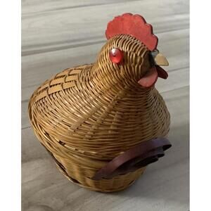 VTG Wicker Wooden Brown Hen Chicken Storage Basket & Lid Kitchen MCM Small